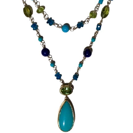 18K Yellow Gold beaded double necklace with Peridot, Lapis, Turquoise with a Turquoise Drop at the bottom.