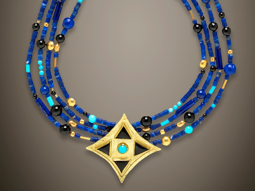 22KY & 18KY Gold 4 strand beaded necklace with Lapis Lazuli, Sleeping Beauty Turquoise & Black Onyx. 