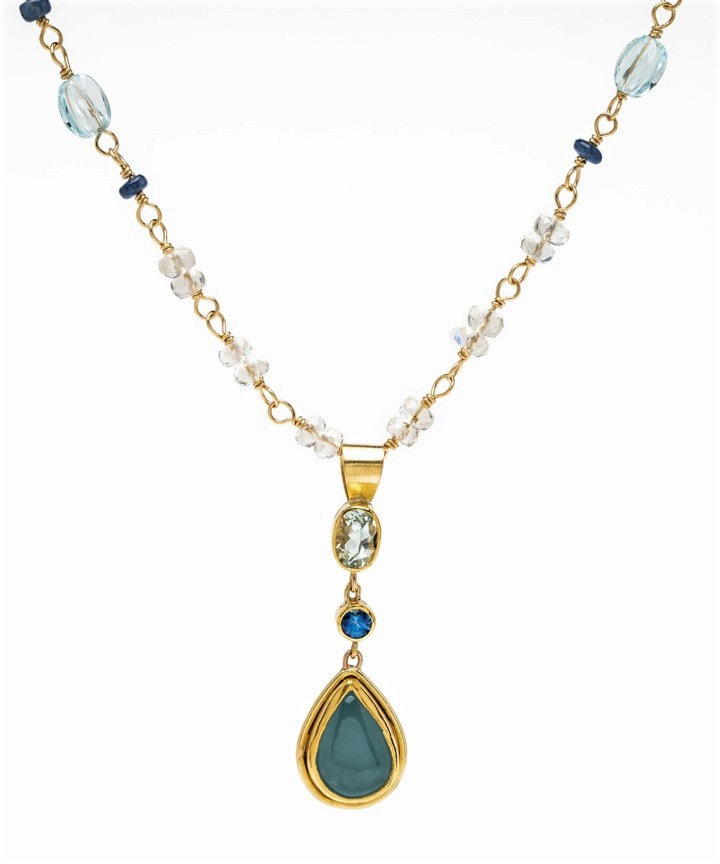 22 Karat Yellow Gold and 18 Karat Yellow Gold “Fairy Dust” Necklace Showcasing Aquamarine, Moonstone, Sapphire and Blue Topaz, 18"