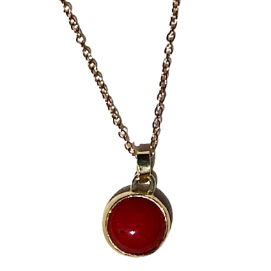 Gold pendant on a chain with Ox Blood Coral.