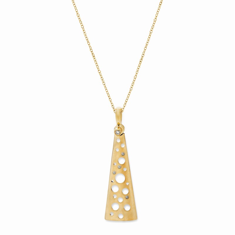 18 Karat Yellow gold chain with a triangular shaped pendant with diamonds and open circles.