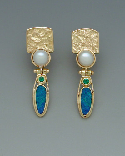 18 Karat Yellow Gold, Opal  Doublets, Pearl, Emerald, 14 Karat Yellow Posts & Omega Clip Earrings,