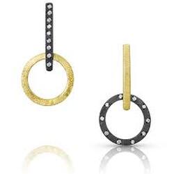 14 Karat Yellow Gold and Blackened Sterling Silver Circle and Line post earrings with opposite color combinations.