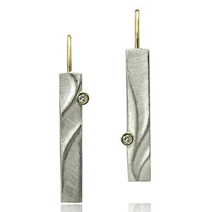 Argentium Silver elongated, sculpted rectangular earrings with two diamonds and 14 Karat Yellow Gold French wires.