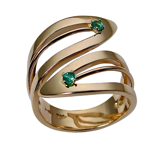 14 Karat Yellow Gold leaf bypass ring with small round Green Tourmaline on each side.
