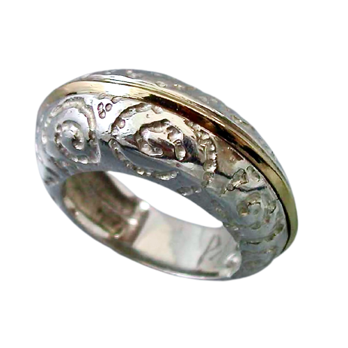 Silver carved domed band with a strip across the top of Gold.