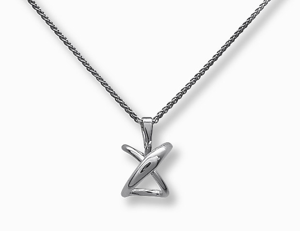 Sterling Silver chain with a 3-Dimensional "X" pendant suspended on it.