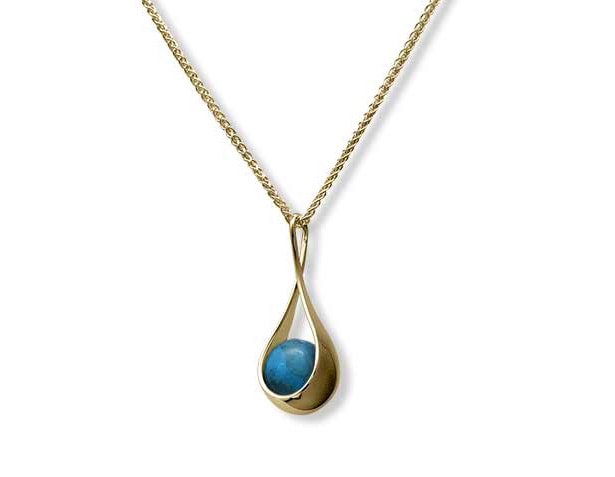 14 Karat Yellow Gold Pendant with a Turquoise Bead Cradled at the Bottom on a Chain.