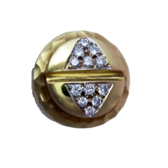18 Karat yellow gold ring with a round top and two triangles with pave natural diamonds set in each.