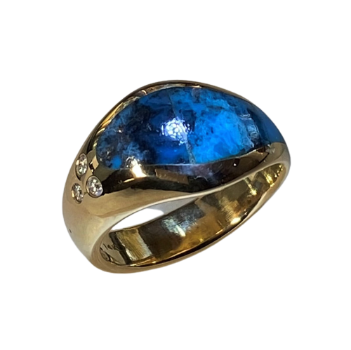 14KY Kingman Turquoise Curved Inlay ring with Diamonds.