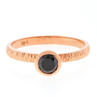 Rose gold ring with a round bezel set black diamond and a textured thin band.