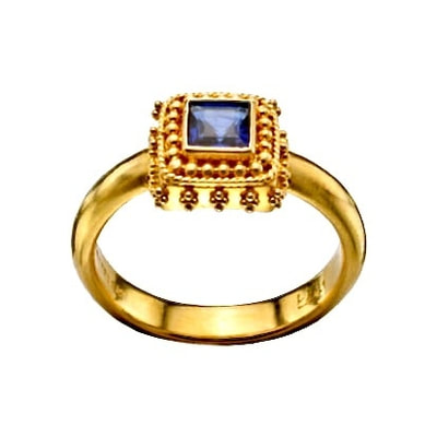 22 Karat Yellow Gold ring with a square Blue Sapphire in the center with milgrain details around it.