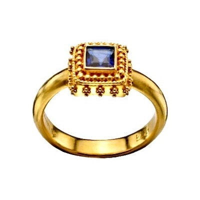 22 Karat Yellow Gold ring with a square Blue Sapphire in the center with milgrain details around it.