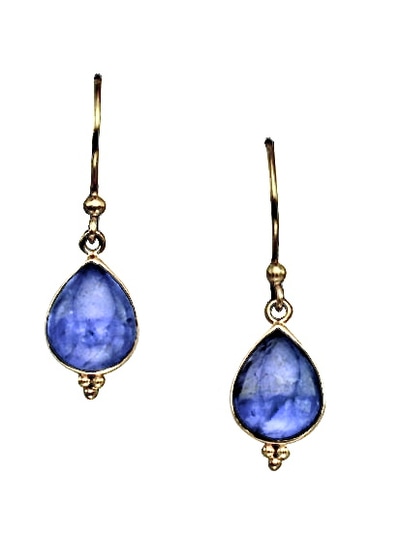 18 Karat Yellow Gold French Wire earrings with pear shaped  Tanzanite drops.