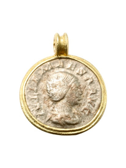 18 Karat Yellow Gold bezel set Roman coin pendant.