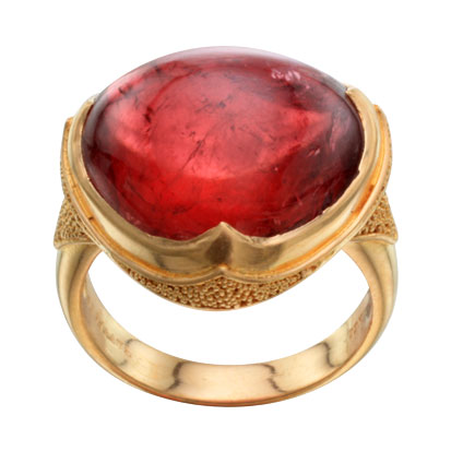 22 Karat Yellow Gold ring with a Pink Tourmaline in the center and granulation.