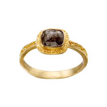 18 Karat Yellow Gold square rose cut natural Diamond in the center with textured gold.