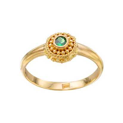 22 Karat Yellow Gold ring with a bezel set Tsavorite Garnet and milgrain beads surrounding it.