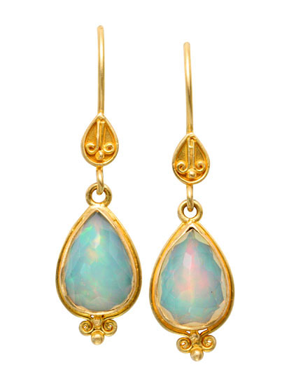 18 Karat Yellow Gold French wire earrings with pear shaped opals dangles with milgrain details.