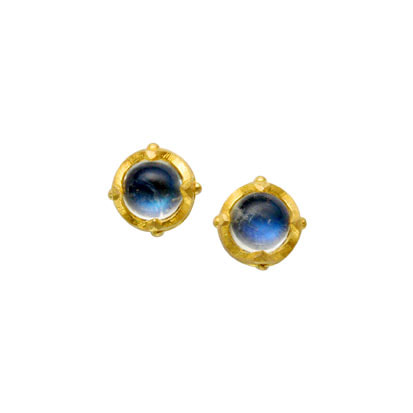 18 Karat Yellow Gold round Moonstone stud earring.