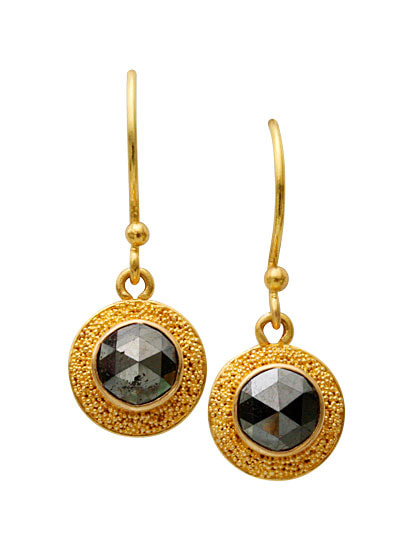 22 Karat Yellow Gold French wire dangle earrings with rose cut black diamonds and milgraining surrounding them.