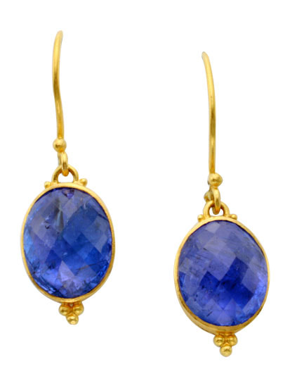 18 Karat Yellow Gold French Wire earrings with Tanzanite drops with 22 Karat Yellow Gold milgrain.