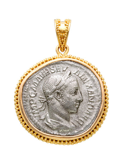 18 Karat Yellow Gold bezel set Old Roman coin pendant.