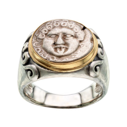 Sterling Silver and 18 Karat Yellow Gold ring with a bezel set Roman Coin in the center.