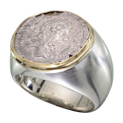 18 Karat Yellow Gold bezel set Old Roman coin ring with a Sterling Silver band.