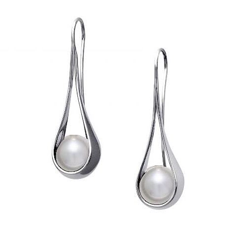 Sterling Silver earrings with round Pearls cradled in a loop with French Wires.