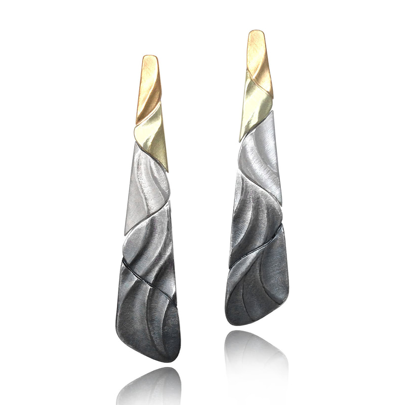 Yellow & Green Gold, Sterling Silver Ombre earrings with wave - like textures.