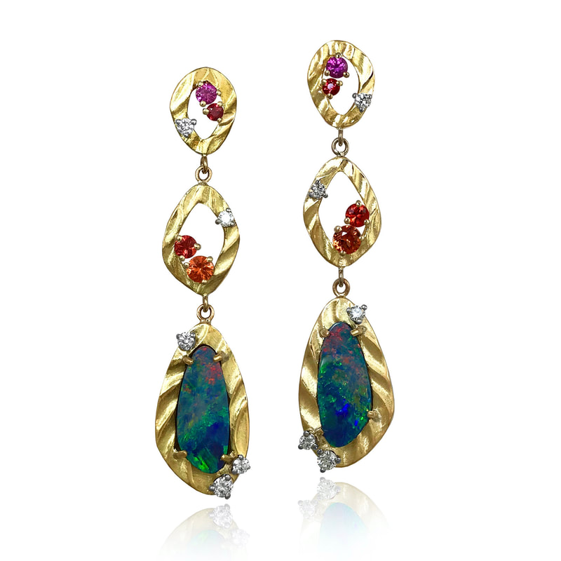 18K Yellow textured Gold long dangle earrings with Opal doublets at the bottom and Multi-color Sapphires on the top two links.