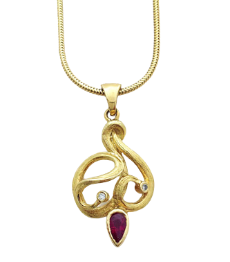 18 Karat Yellow Gold vine like Pendant with a Pear Shaped Ruby and Diamonds.