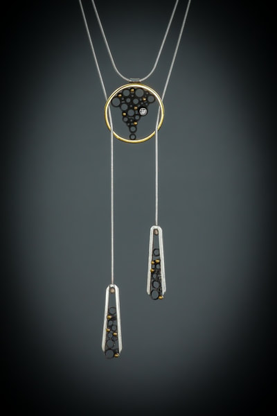  18 Karat Yellow Gold & Sterling Silver & Oxidized Sterling Silver "Effervescent" Bolera  Necklace with a Diamond.