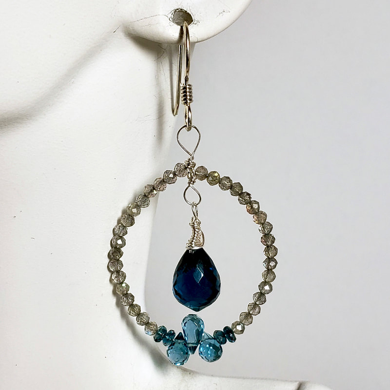 Sterling Silver Dangle Earrings with a Blue Quartz Drop from the Center with small Labradorite beads and Blue Topaz.