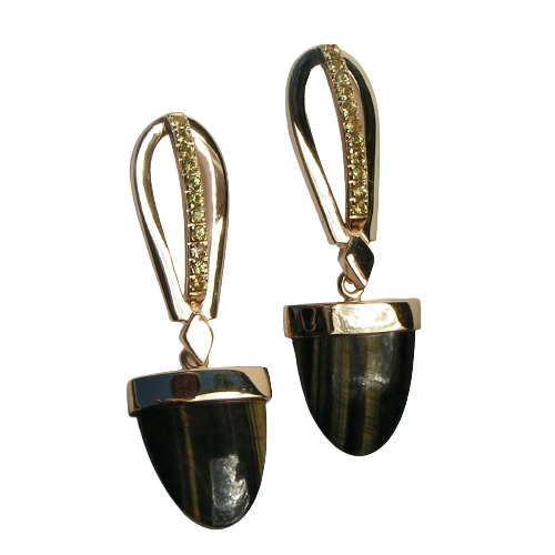 14 Karat Yellow Gold Earrings with Tiger's Eye Stone Dangles and Yellow Sapphires Down the Front.