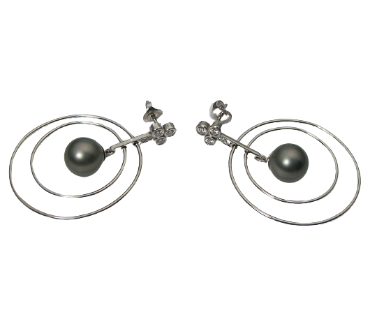 14K White Gold post earrings with double hoops around Tahitian Pearls and Diamonds at the top.