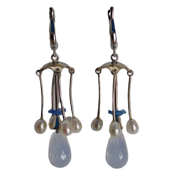 14K White Gold Dangling earrings with briolette Moonstone drops, pearls and flower shaped Agate.