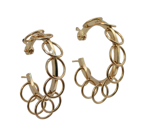 14K Yellow Gold hoop earrings with small hoops down the front.