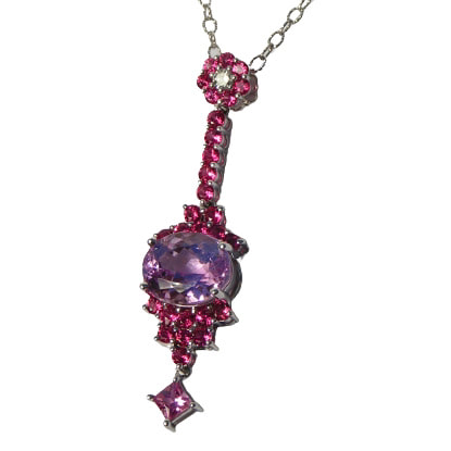 14K White Gold Pendant with Kunzite, Spinel and a Diamond on a Chain.