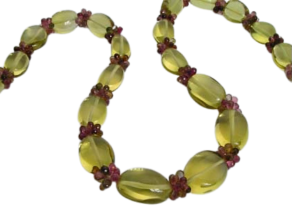 Beaded Necklace with Smooth Lemon Quartz and Multi-Colored Tourmaline Briolettes Between them.