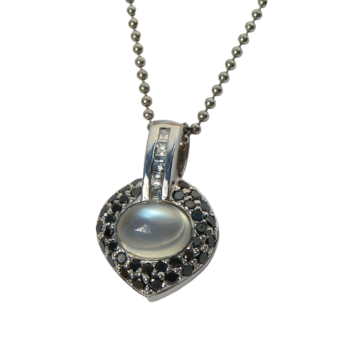 14K White Gold pendant with a Moonstone in the center, Black and white Diamonds on a bead chain.