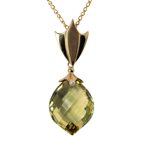 14 Karat Yellow Gold pendant with a faceted Lemon Quartz drop on a chain.