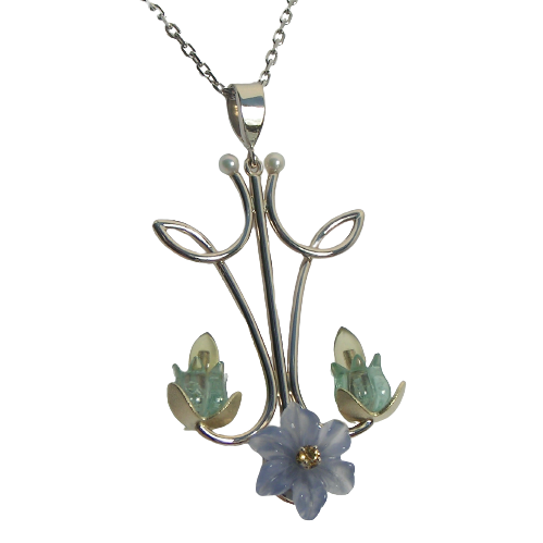 14K White Gold Pendant with Flower Shaped Chalcedony, Tourmaline, Citrine and Lemon Quartz on a chain.