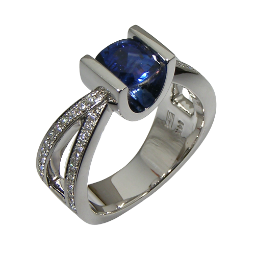 14K White Gold ring with a tension set Blue Sapphire and diamonds down each side of double bands on the side.