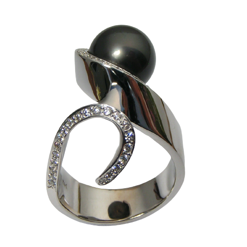 14 Karat White Gold ring with one Tahitian Black Pearl and diamonds on one face of the band.