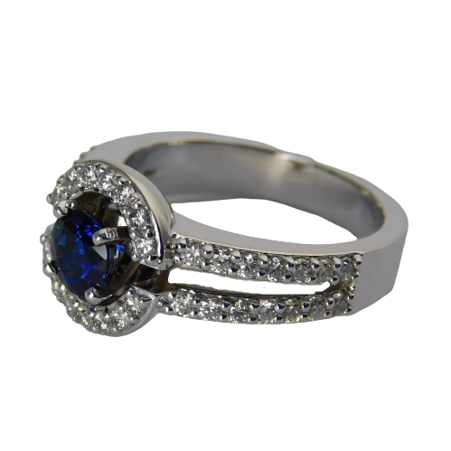14K White Gold Blue Sapphire in the Center with a halo and split shank of Diamonds