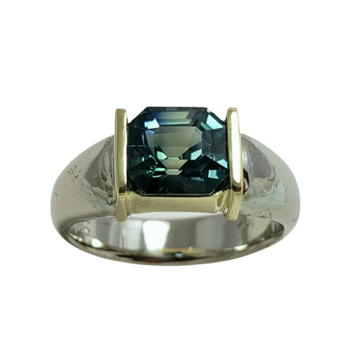  14KW & 18KY Gold Ring with one 3.03Ct  Bluish-Green Step-Cut Sapphire.