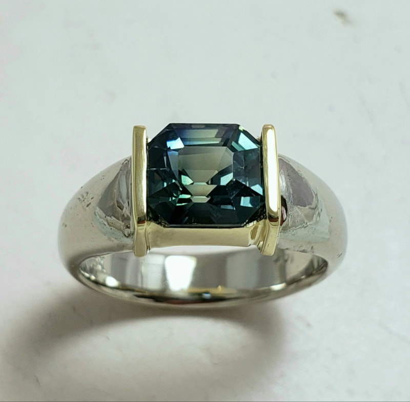  14KW & 18KY Gold Ring with one 3.03Ct  Bluish-Green Step-Cut Sapphire.