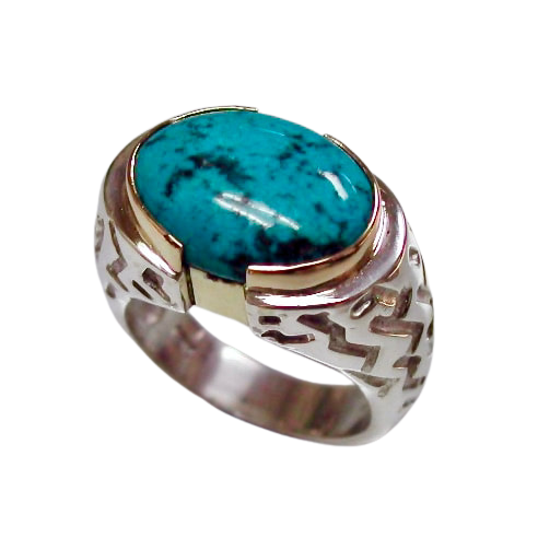 Sterling Silver ring with oxidized patterns and an oval Turquoise Semi-Bezeled in gold.